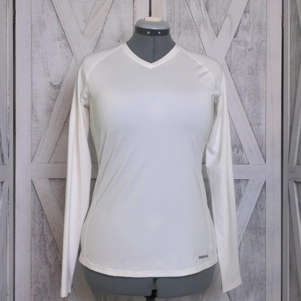 Reebok White Long Sleeve V-neck Athletic Top Large